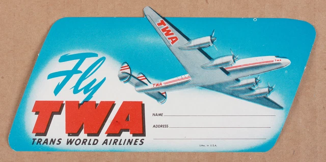 ORIGINAL Vtg FLY TWA TRANS WORLD AIRLINES Luggage Address Label Sticker Decal