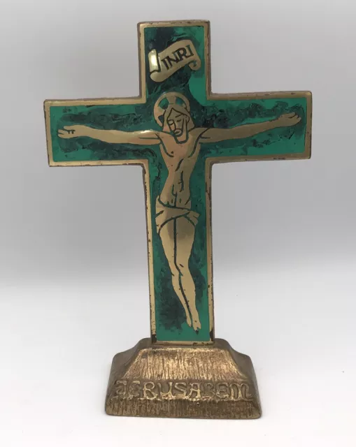 CRUCIFIX de Jésus Christ Croix en Laiton doré et émail de nuances vertes - 18 cm