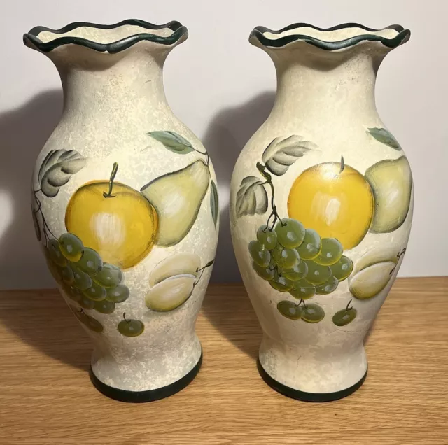 Pair Matching Rustic Hand Painted 10.5 inch Earthenware Vases Fruit Design