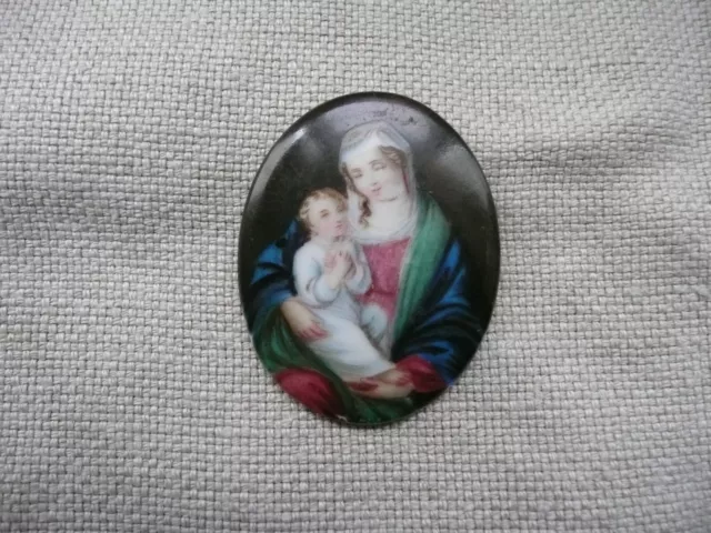 Antike deutsche Porzellan handbemalte Miniaturplakette von Madonna & Kind, 19. Jh.