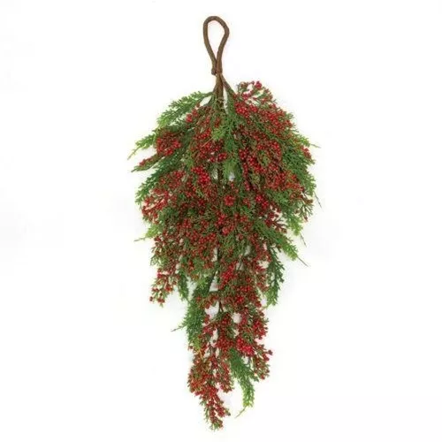 New Primitive Farmhouse Christmas CEDAR PINE RED BERRY TEARDROP SWAG Wreath 27"