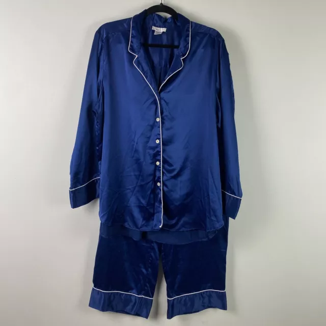 Natori Satin Pajama Set Womens XL Blue White Trim Button Up Pants