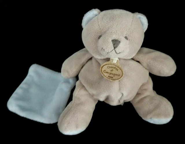 *. PELUCHE DOUDOU ET COMPAGNIE OURS GRIS BEIGE MOUCHOIR BLEU 17/18cm - TBE