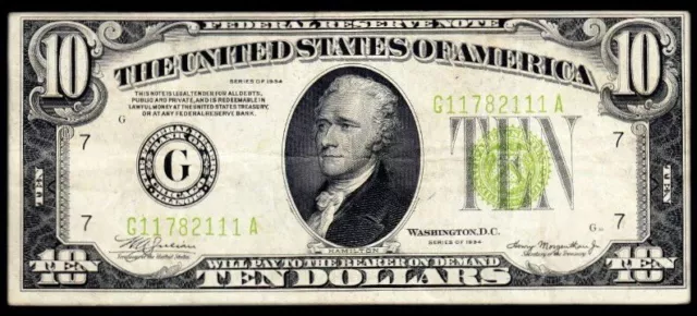 1934 Chicago $10 LGS “Lime Green Seal” Federal Reserve Note VF+