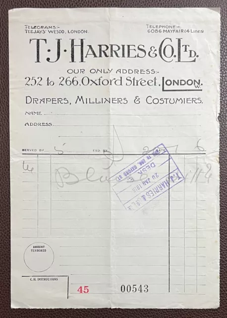 1916 T. J. Harries & Co., Drapers & Milliners, Oxford Street, London Invoice