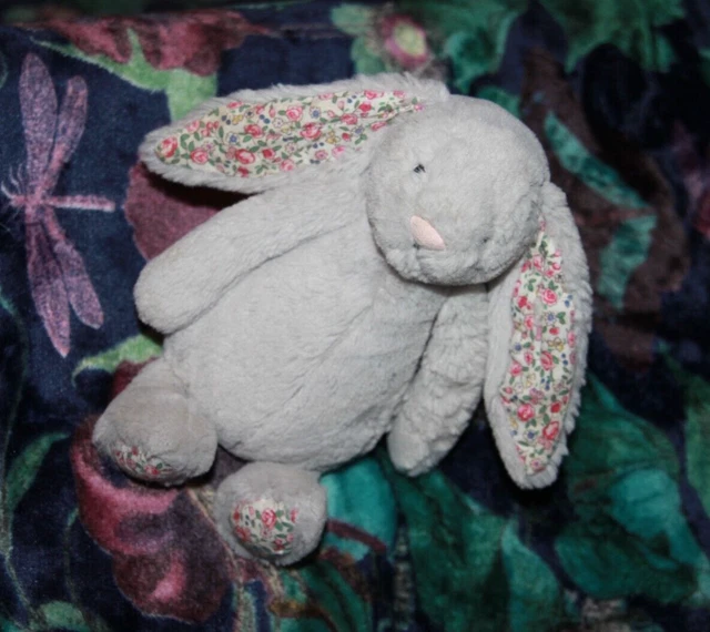 Doudou Peluche JELLYCAT LAPIN GRIS IMPRIME LIBERTY FLEUR ROSE 19 cm   NEUF