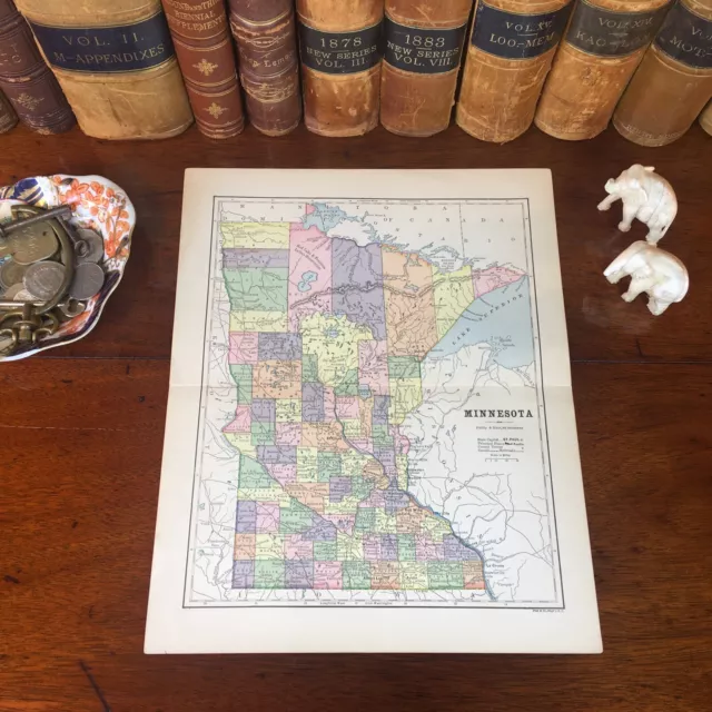 Original 1882 Antique Map MINNESOTA Minneapolis Eagan Edina Duluth St Paul Cloud