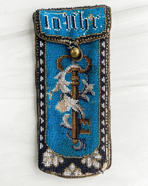 Antique Victorian German Biedermeier Micro Beads Beadwork Leather KEY Case 1820s