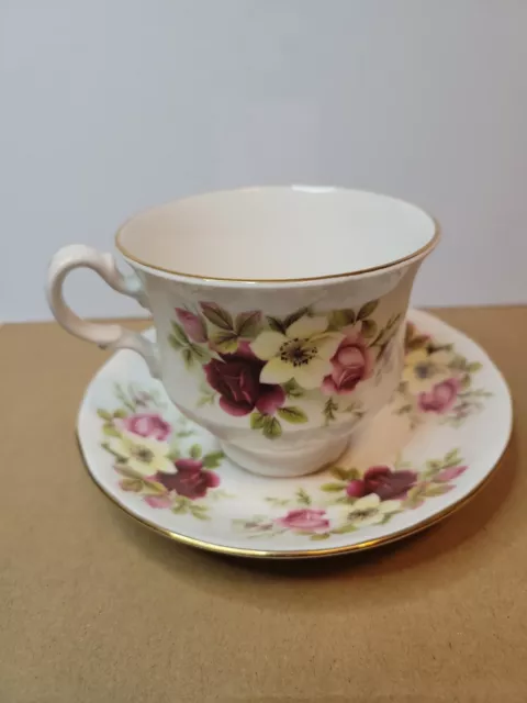 Queen Anne TEA CUP SAUCER Roses Yellow Dark Pink Fine Bone China England Vintage