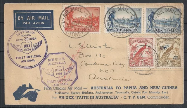 New Guinea covers 1934 1st Flight cover VH-UXX Faith in Australia