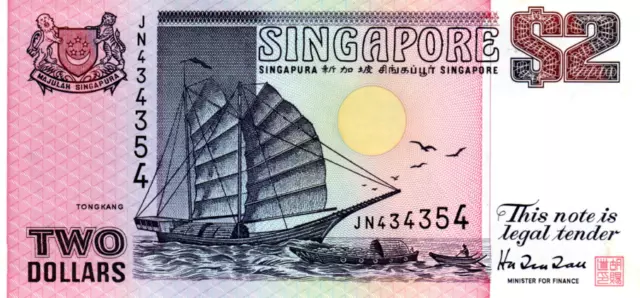 Singapore 2 Dollars 1998 UNC Banknote P-37 Prefix JN BABN Ship Series Pink