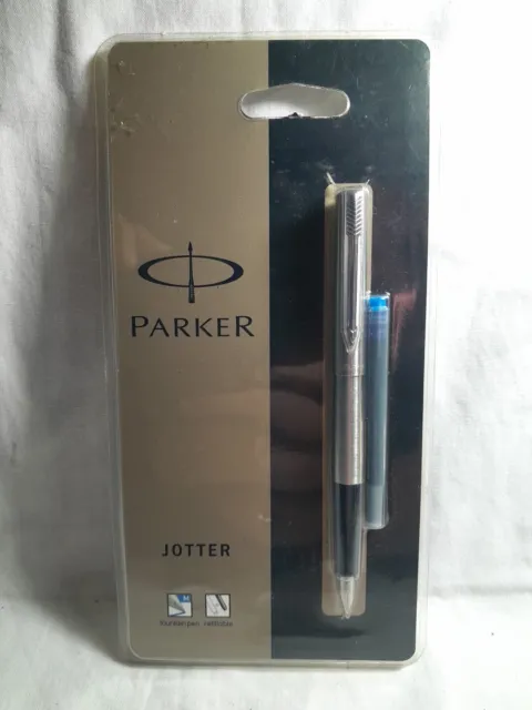 Parker Jotter Stainless Steel Fountain Pen, Size M Nib, Black & Silver, Blue Ink