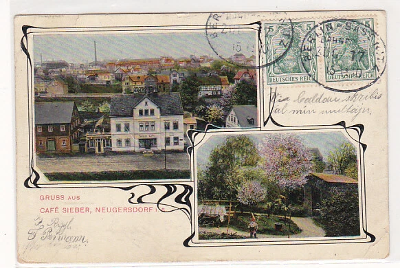 AK Gruss aus Cafe Sieber Neugersdorf in Sa. Litho Bahnpost Stempel 1917