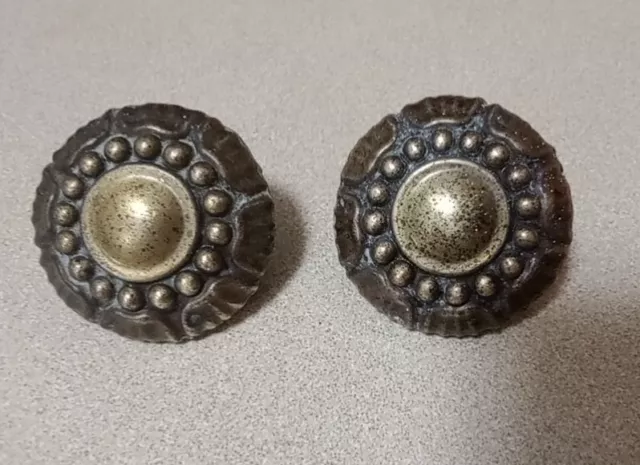 Brass 1 3/4" Round Ornate Grooved MCM 19770 Drawer Pulls Cabinet Knobs - Pair