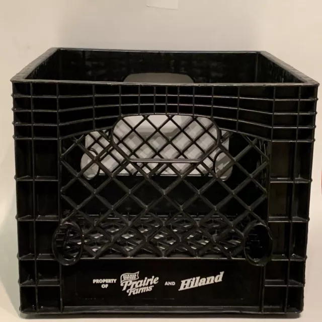 Vintage Prairie Farms and Hiland Dairy Farmer Owned Black Plastic Milk Crate 13”