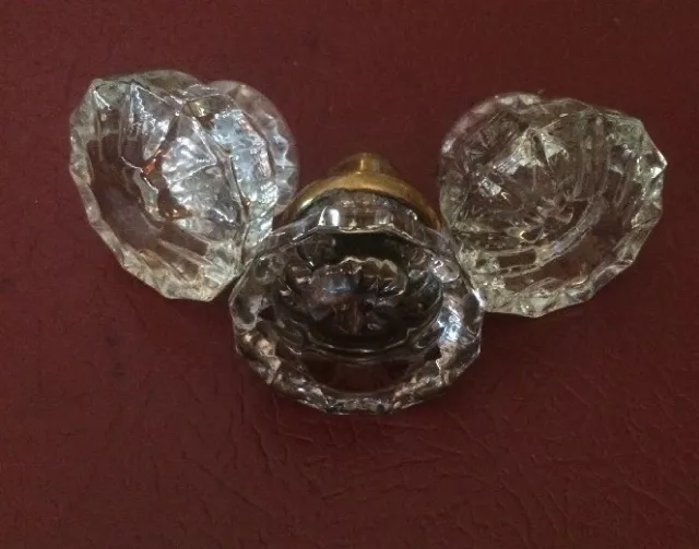 3) Vintage Clear 12 Point Glass & Brass Victorian Door Knobs