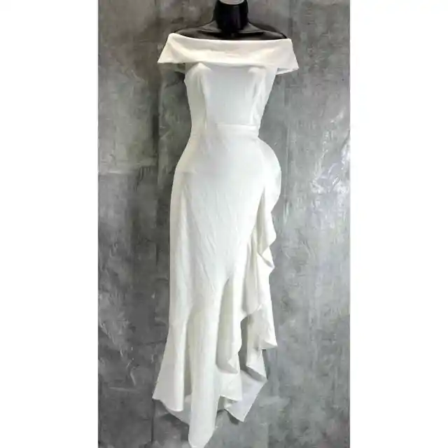 AQUA FORMAL Women's White Off-The-Shoulder Scuba Crepe Cascade Ruffle Dress SZ 4