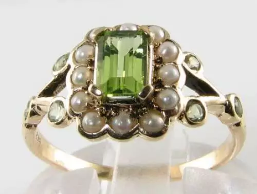 9K 9Ct Gold Peridot & Pearl Art Deco Ins Cluster Ring Free Resize.