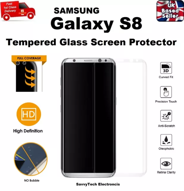 100% GENUINE Full 3D Curved Tempered Glass Screen Protector for Samsung S8 CLEAR