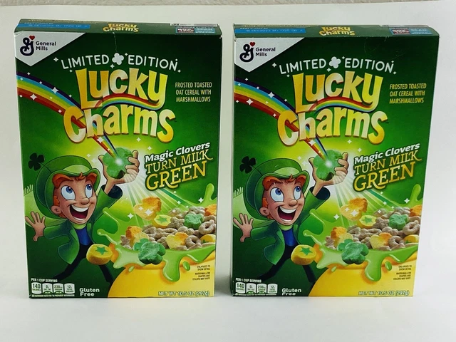2 BOXES LUCKY Charms Limited Edition Cereal Clovers Turn Milk Green 10.
