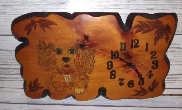 Vintage Lacquered Tree Wood Wall Cocker Spaniel Dog Clock Slab Slice