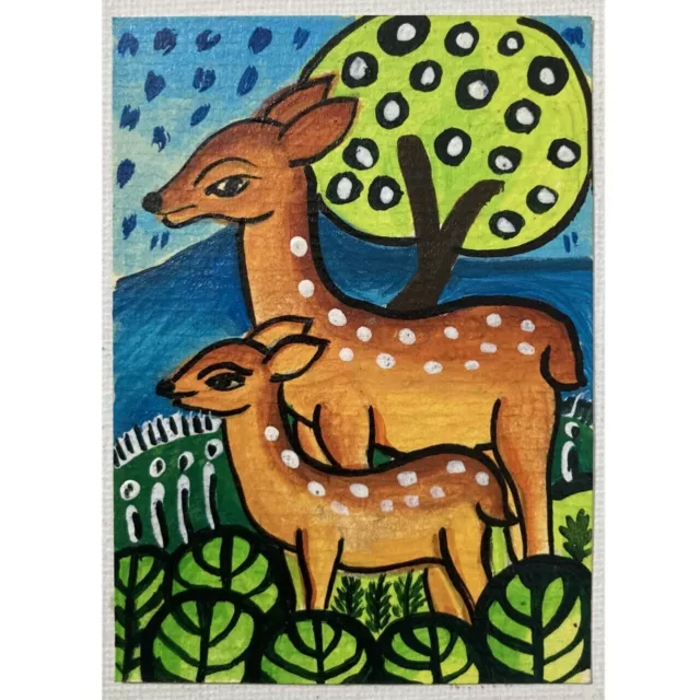 ACEO ORIGINAL PAINTING Mini Collectible Art Card Animal Nature Deer Mon And Son