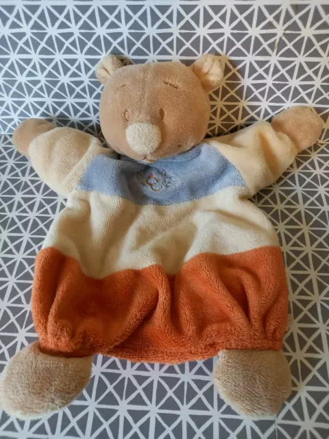 Doudou plat marionnette ours Tonton  bleu beige orange Noukie's