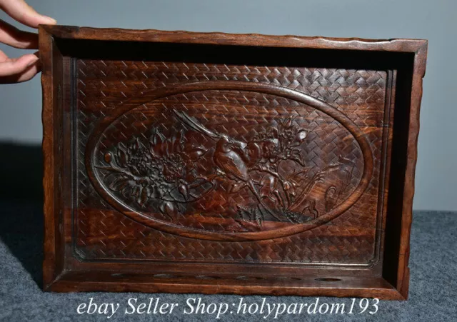 14" Old Chinese Huanghuali Wood Hand Carved Dynasty Flower Bird Plate Dish Tray