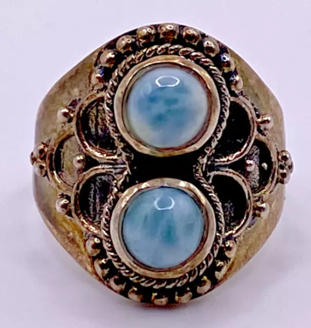Stunning Sterling Silver Ring with 2 Rare Larimar Stones Beautifully Detailed