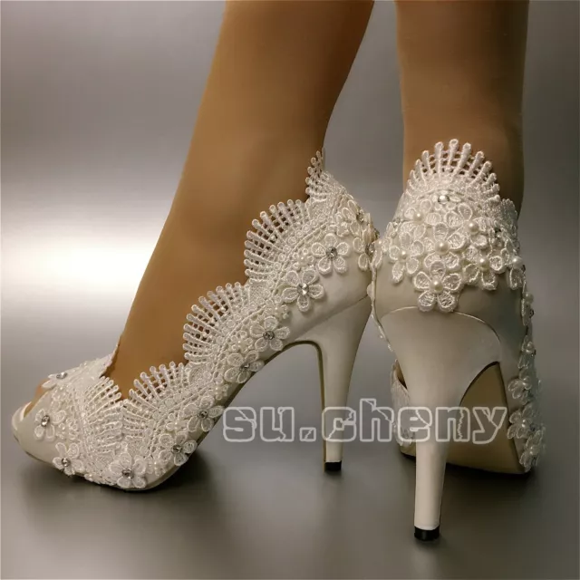 su.cheny Peep open toe 3" 4" heel satin white ivory lace Wedding Bridal shoes
