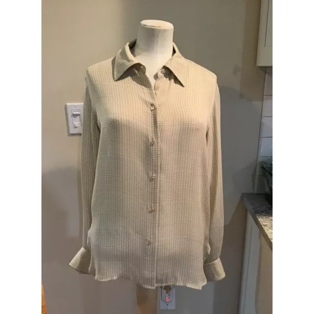 DKNY Long Sleeve Women’s Tan/White 100% Silk Button Down Blouse Size 4