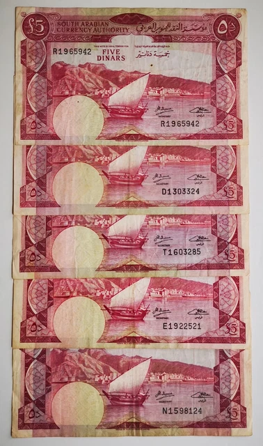 South Arabian Lot 5 old genuine Banknotes 5 Dinars 1965, P#4 Rare (Lot 20)