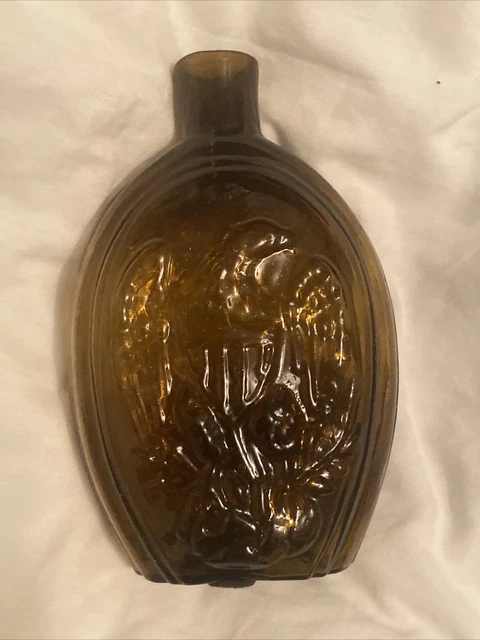 1830s EAGLE CORNUCOPIA  KEENE HISTORICAL WHISKEY FLASK ATTIC MINT. Honey Amber