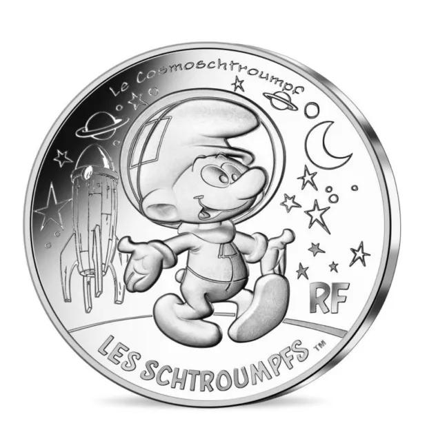 Moneta Sbarco sulla Luna Argento 2020 Francia 10€ Euro Puffi Puffo Cosmonauta