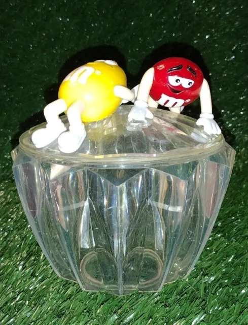 M&M Vintage Candy Dish Bowl Lid Red Yellow M&Ms Acrylic Plastic MARS Chocolate