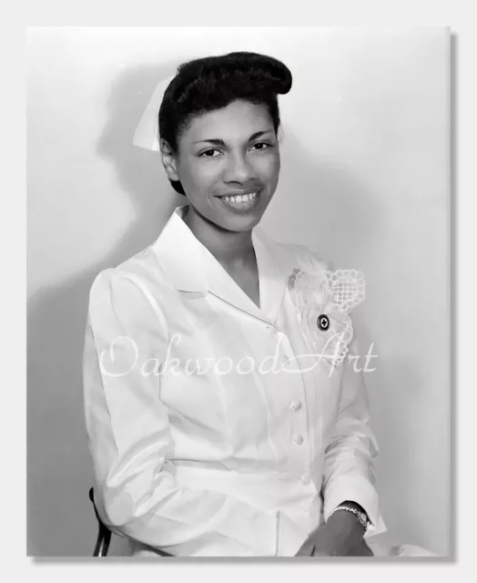 Pretty African American Nurse in Cap & Uniform c1950, Vintage Photo Reprint