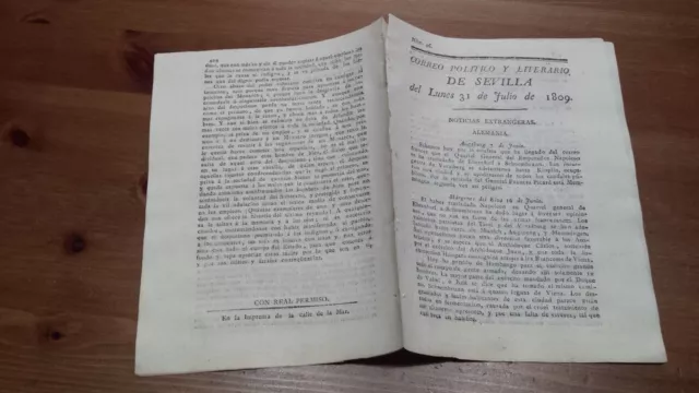 Núm 46 Correo Politico y Literario de Sevilla 31 de Julio de 1809 Reus Cordoba..