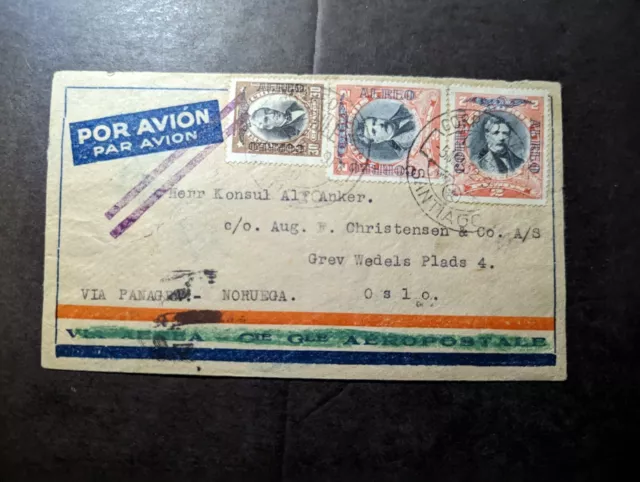 1932 Chile Airmail Overprint Cover Santiago to Oslo Norway