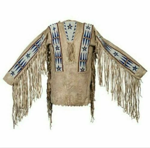 Native American Buckskin Suede Beaded Fringes Powwow Regalia War Shirt FC-13