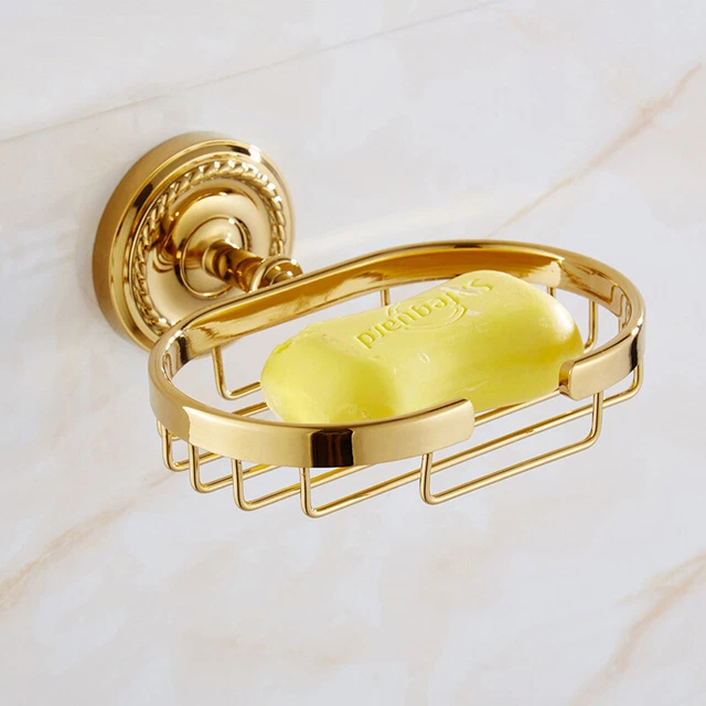 Polished Gold Brass Bathroom Soap Dish Holder Wall Mounted Soap Storage Basket