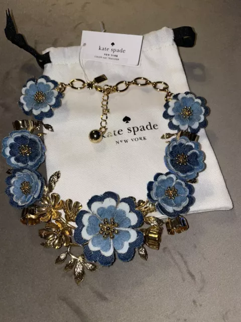 Kate Spade Gold Plate Flower Child Denim Flower Statement Necklace