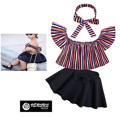 Bambina Maglia Top Spalle Scoperte Fascia Gonna Girl T-shirt Skirt Set SETCH22