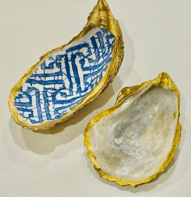 2 Decoupage Oyster Shells with Gold Pain Blue/White from Low Country Charleston