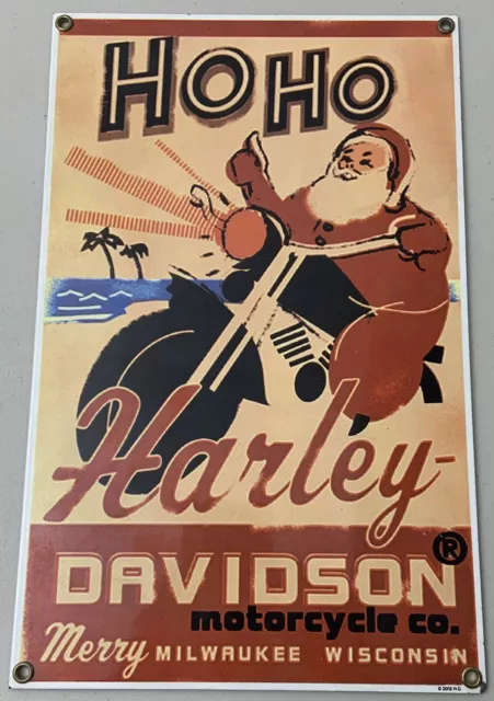 Harley Davidson HoHo Santa Motorcycle 12.5”x 8" Porcelain. Metal Sign.￼