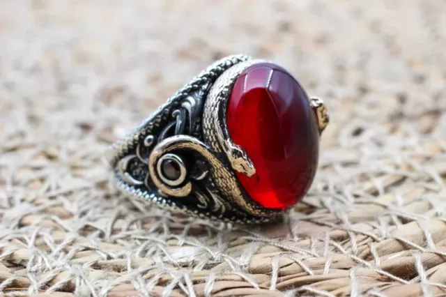 Solid 925 Sterling Silver Natural Red Garnet Oval Gemstone Mens Unisex Gift Ring