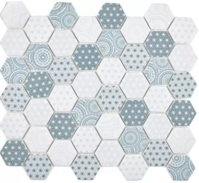 GLAS Mosaik Hexagon Sechseck ECO blau weiß Wand Küche Dusche Rückwand |WB16-0414