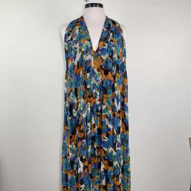 Va Va Voom Dress Womens Medium Blue Abstract Extra Long Maxi Pleated 60’s Sheer