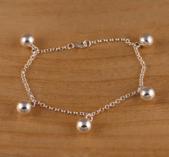 Solid 925 Sterling Silver Bead Ball Rolo Chain Charm Bracelet Gift Boxed