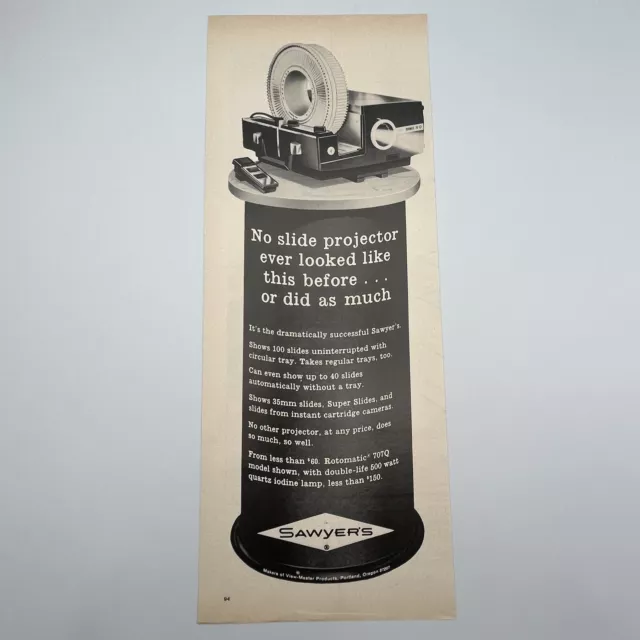 Sawyers Slide Projector 1966 Vtg Print Ad 5.5"x13.75" Rotomatic 707Q nostalgic