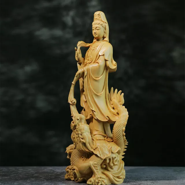 Chinese Buddha Boxwood Hand Carved Guanyin Ride Dragon Figurine Guanyin Statue